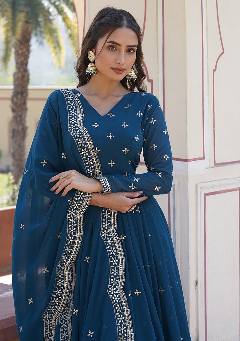 Teal Zari Sequin Embroidered Faux Georgette Kurta Set