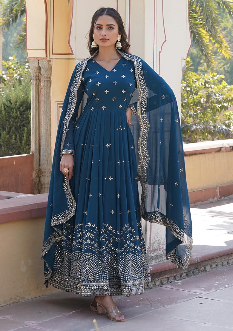 Teal Zari Sequin Embroidered Faux Georgette Kurta Set