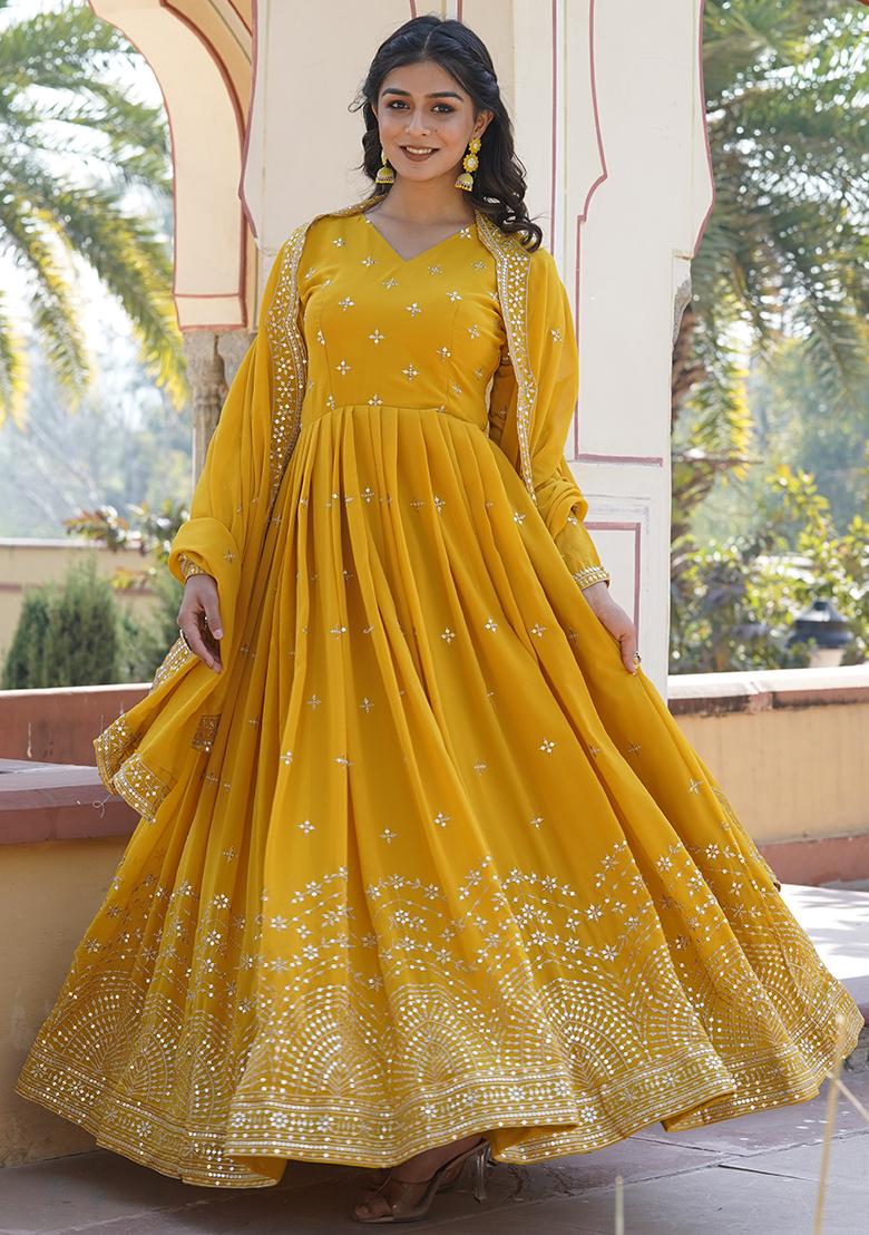 Yellow Zari Sequin Embroidered Faux Georgette Kurta Set