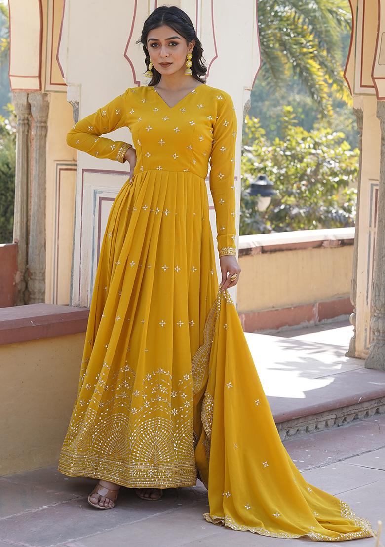 Yellow Zari Sequin Embroidered Faux Georgette Kurta Set