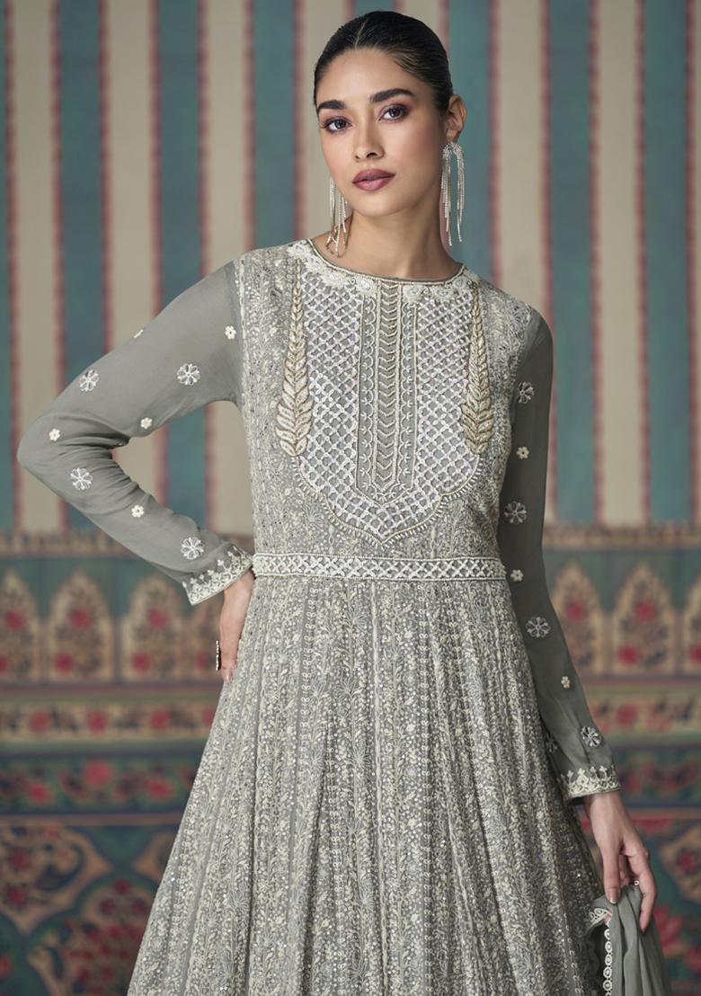 Light Grey Sequins Embroidered Georgette Kurta Set