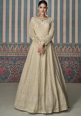 Cream Sequins Embroidered Georgette Kurta Set