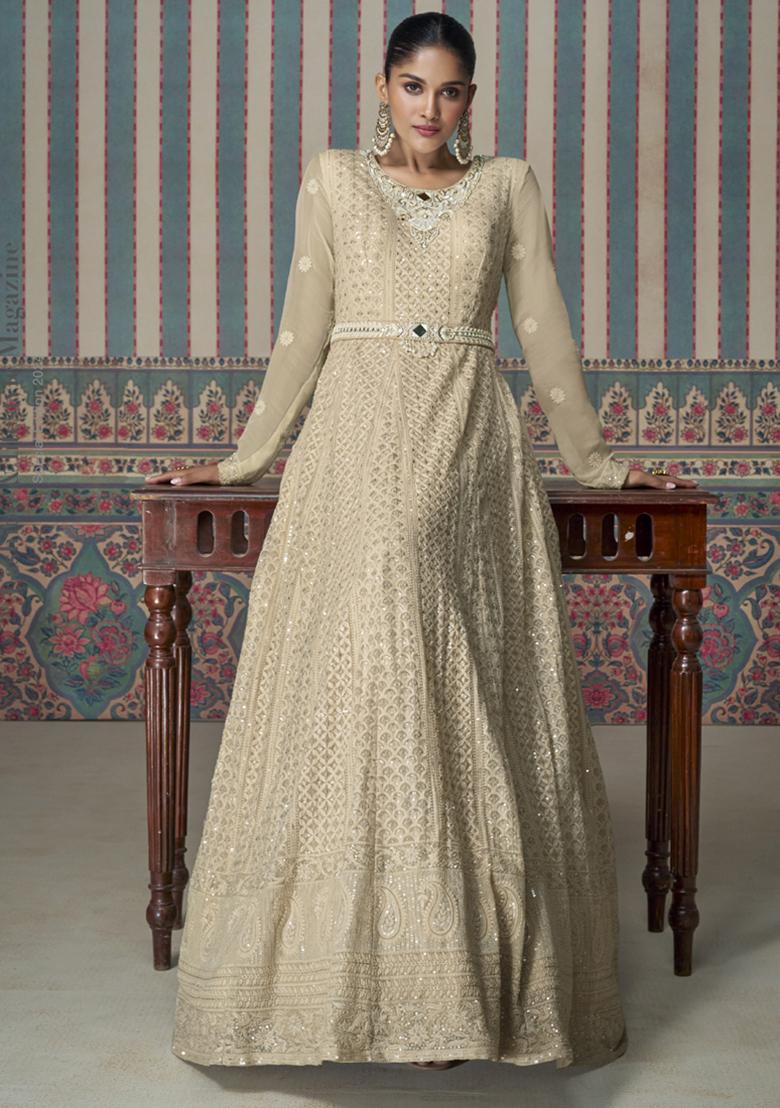 Cream Sequins Embroidered Georgette Kurta Set