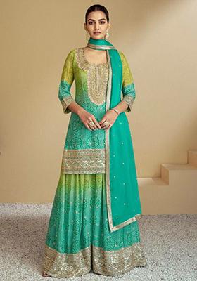 Turquoise Embroidered Silk Kurta Set
