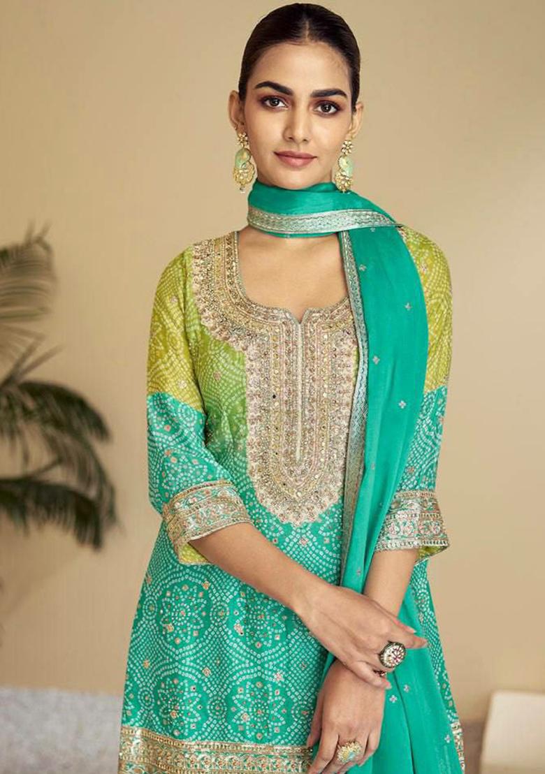 Turquoise Embroidered Silk Kurta Set
