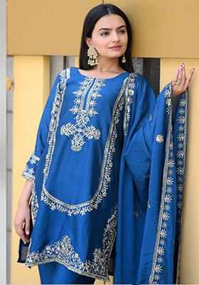 Royal Blue Embroidered Silk Kurta Set
