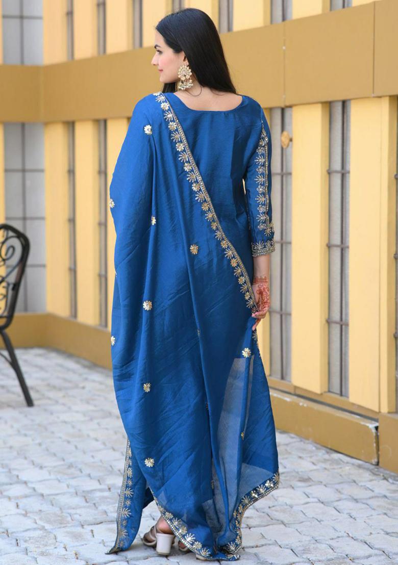 Royal Blue Embroidered Silk Kurta Set