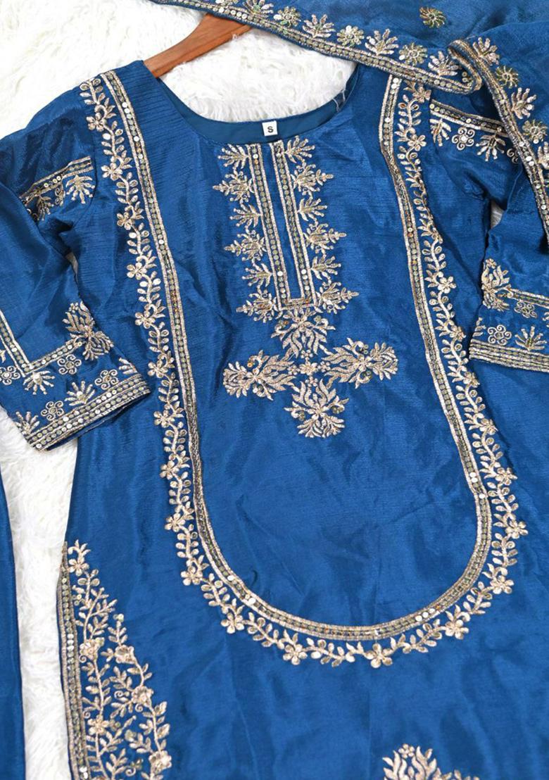 Royal Blue Embroidered Silk Kurta Set