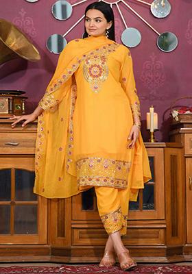 Yellow Embroidered Georgette Kurta Set