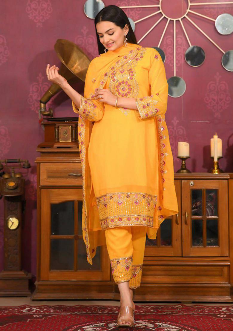 Yellow Embroidered Georgette Kurta Set