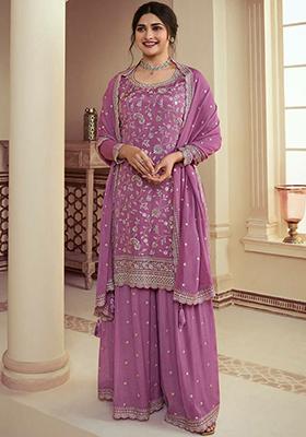 Lavender Embroidered Silk Kurta Set
