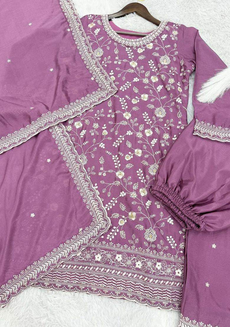 Lavender Embroidered Silk Kurta Set