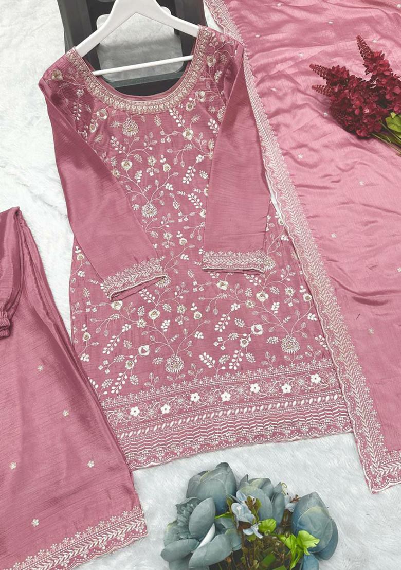 Onion Pink Embroidered Silk Kurta Set