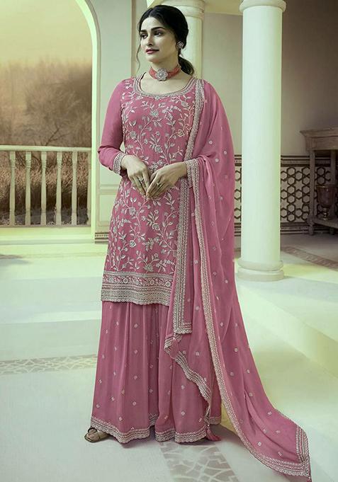 Onion Pink Embroidered Silk Blend Sharara Set