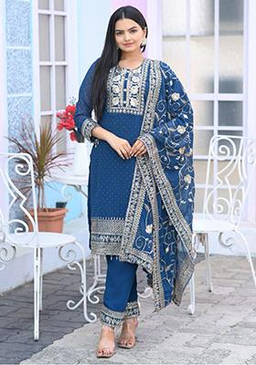 Blue Embroidered Georgette Kurta Set