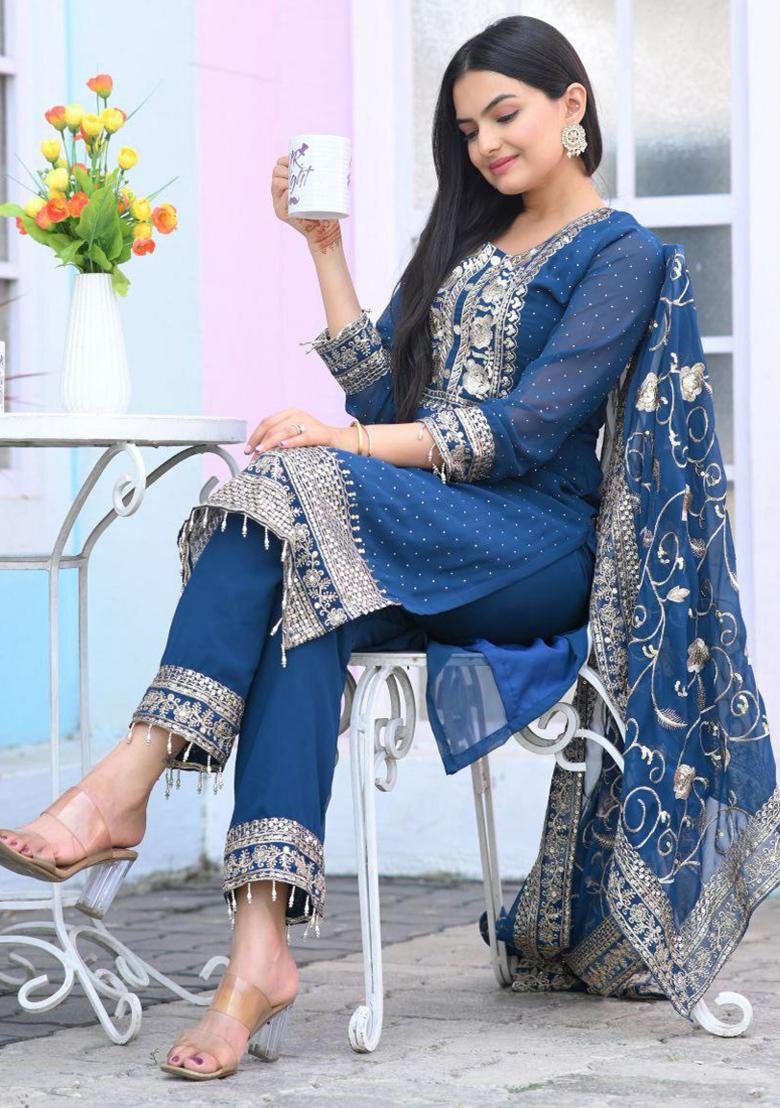Blue Embroidered Georgette Kurta Set