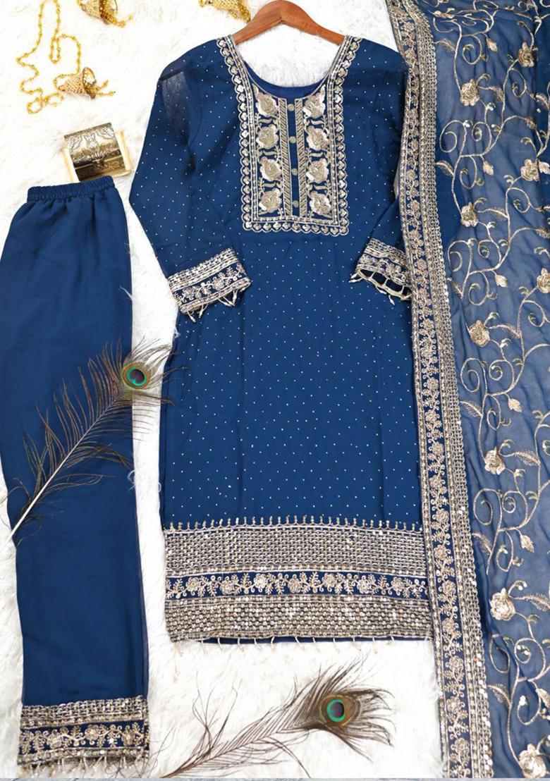Blue Embroidered Georgette Kurta Set