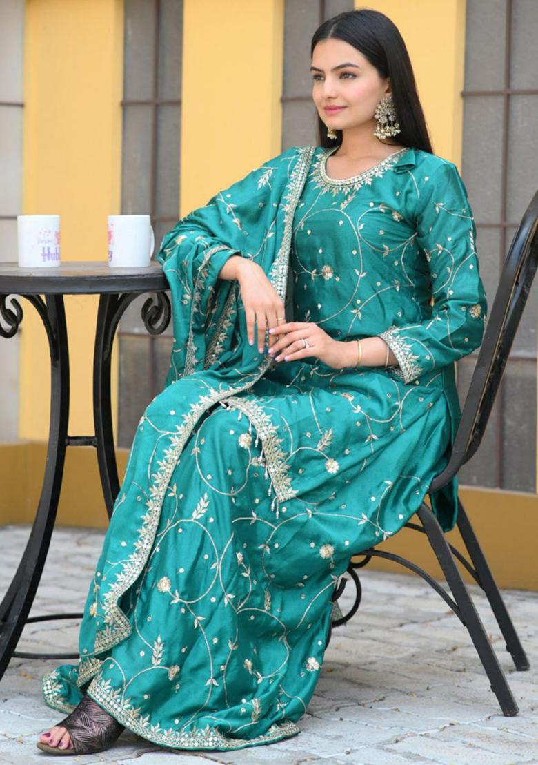 Turquoise Embroidered Silk Kurta Set