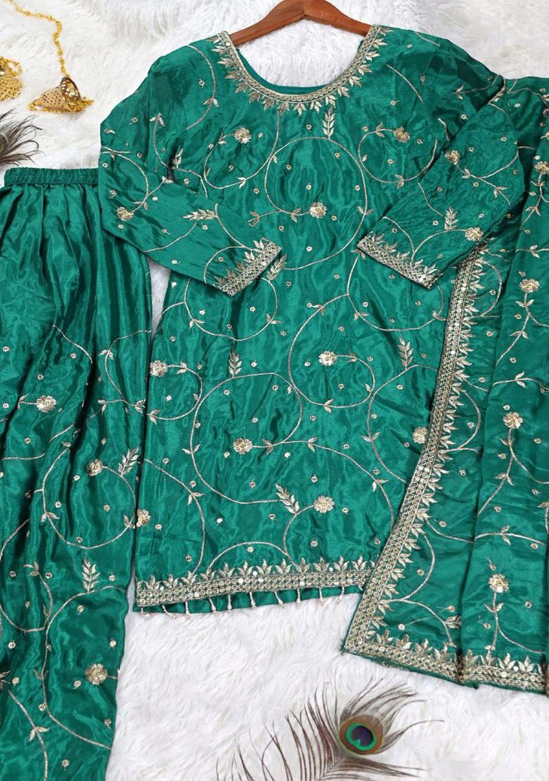 Turquoise Embroidered Silk Kurta Set