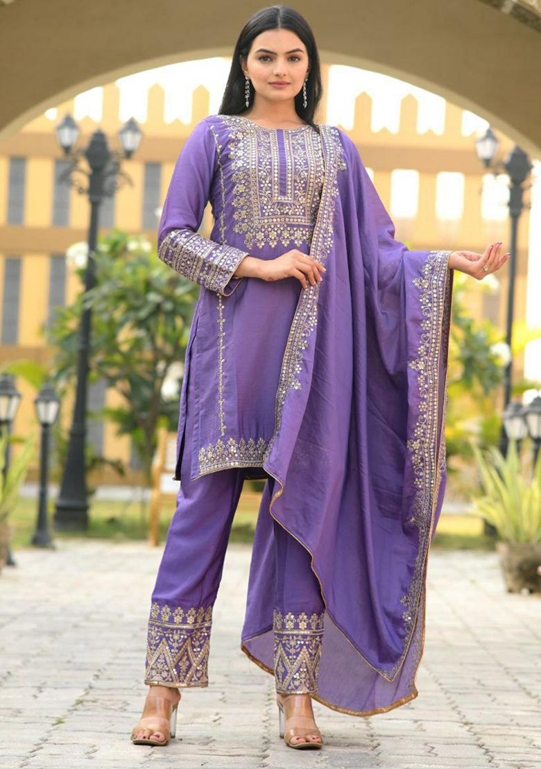 Lavender Embroidered Silk Kurta Set