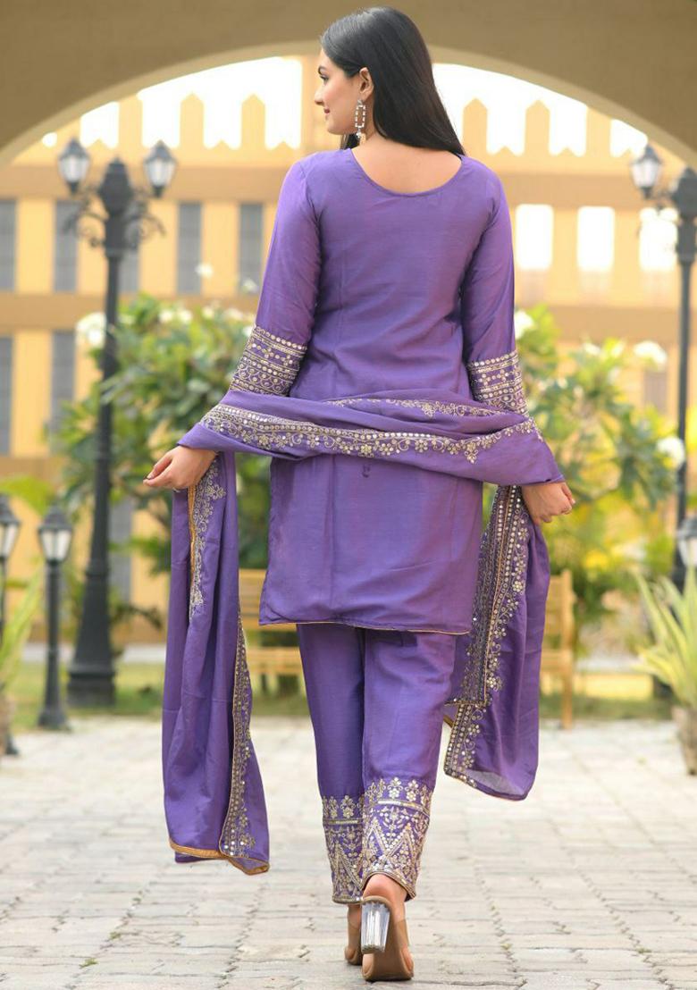 Lavender Embroidered Silk Kurta Set