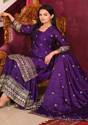 Violet Embroidered Silk Kurta Set