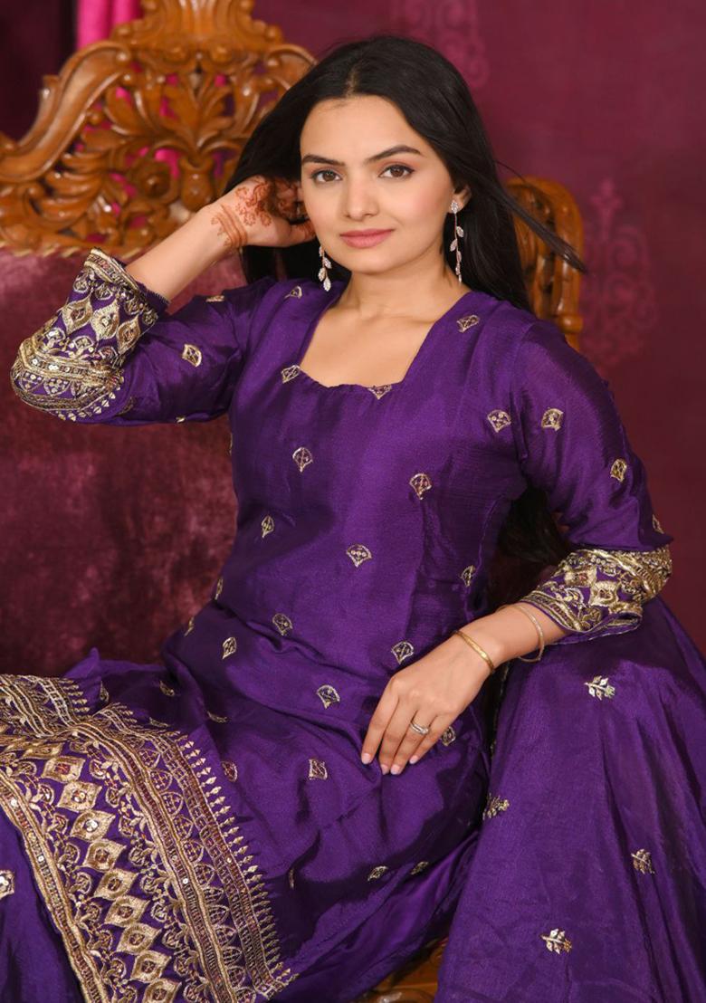 Violet Embroidered Silk Kurta Set