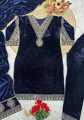 Blue Embroidered velvet Kurta Set