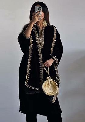 Black Sequins Embroidered velvet Kurta Set