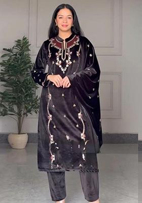 Black Sequins Embroidered velvet Kurta Set