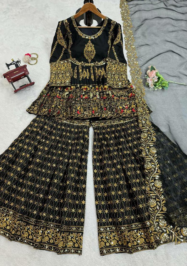 Black Sequins Embroidered Georgette Kurta Set