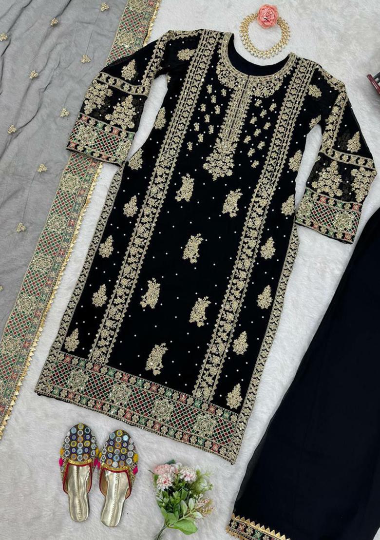 Black Sequins Embroidered Georgette Kurta Set