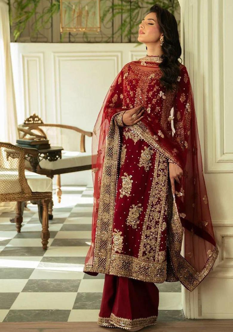 Maroon Sequins Embroidered Georgette Kurta Set