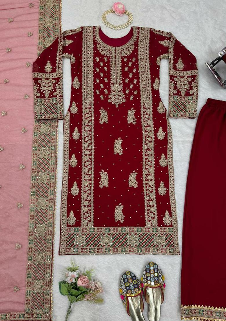 Maroon Sequins Embroidered Georgette Kurta Set