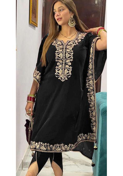 Women Black Velvet Front Embroidered Short Kurta
