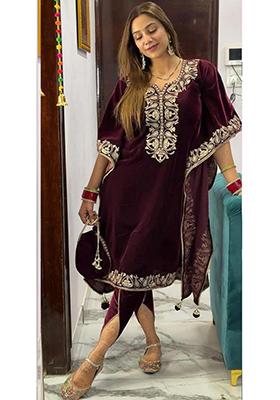 Maroon Embroidered velvet Kurta Set