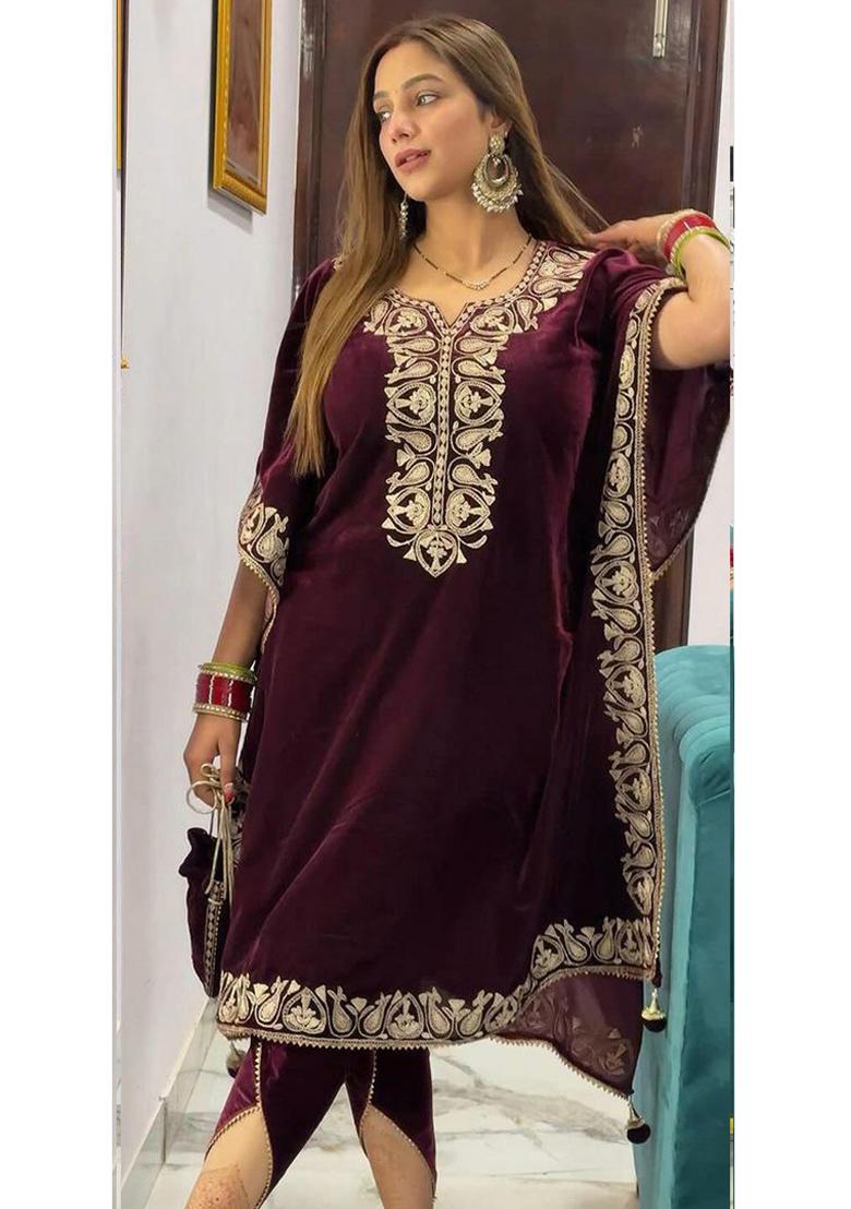 Maroon Embroidered velvet Kurta Set