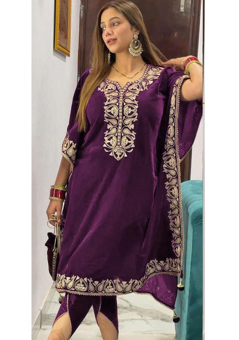 Wine Embroidered velvet Kurta Set