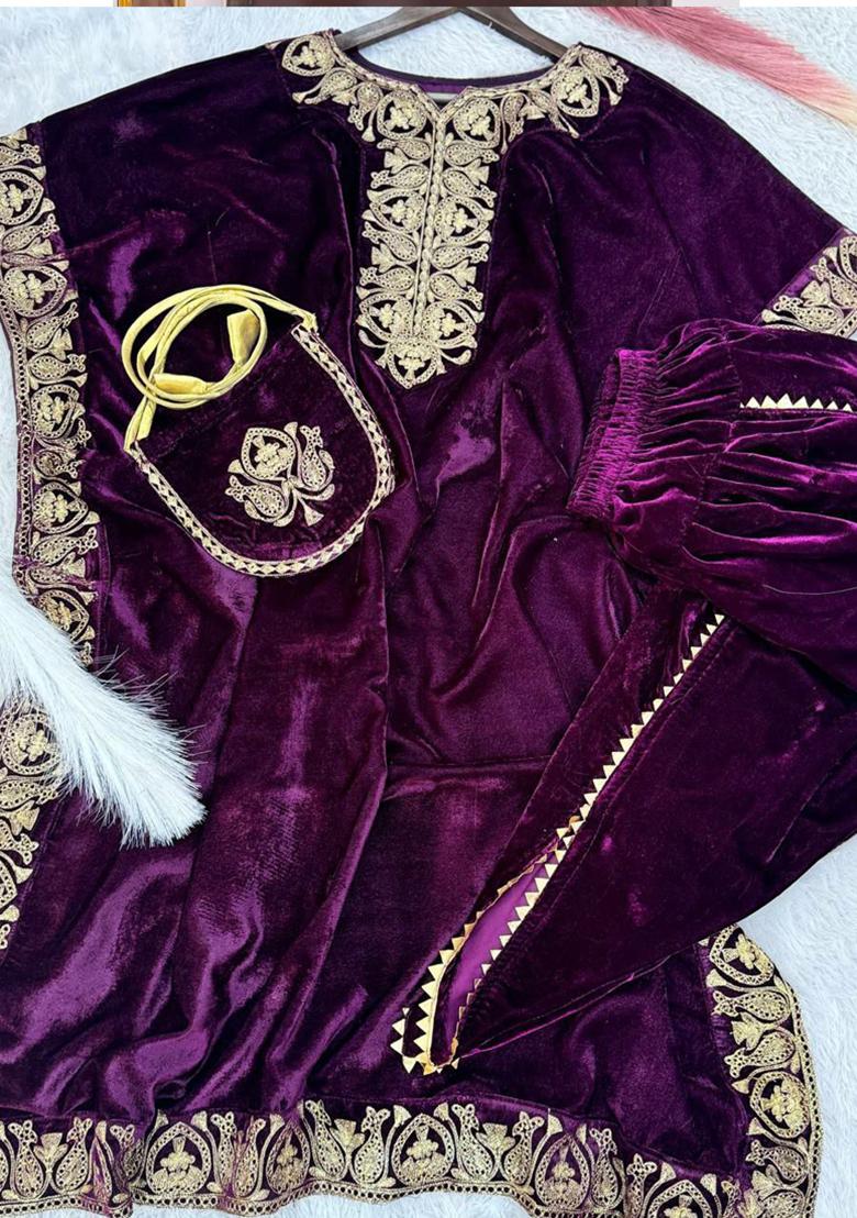 Wine Embroidered velvet Kurta Set