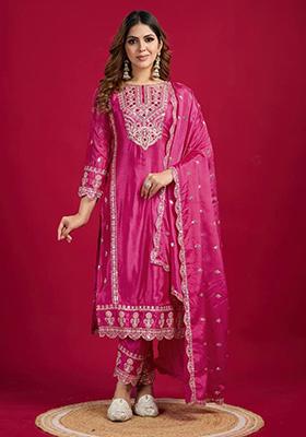 Pink Embroidered Silk Kurta Set