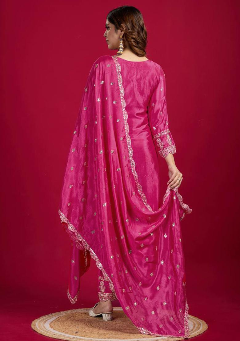 Pink Embroidered Silk Kurta Set