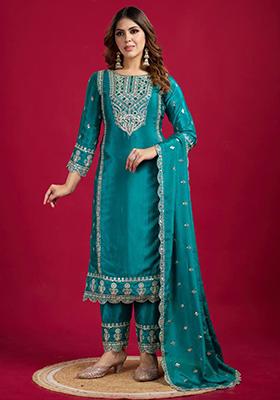Turquoise Embroidered Silk Kurta Set