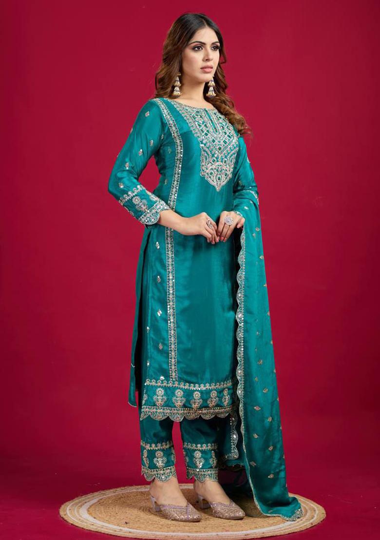 Turquoise Embroidered Silk Kurta Set