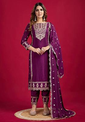 Wine Embroidered Silk Kurta Set