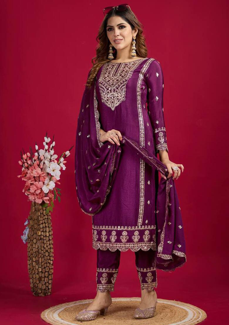 Wine Embroidered Silk Kurta Set