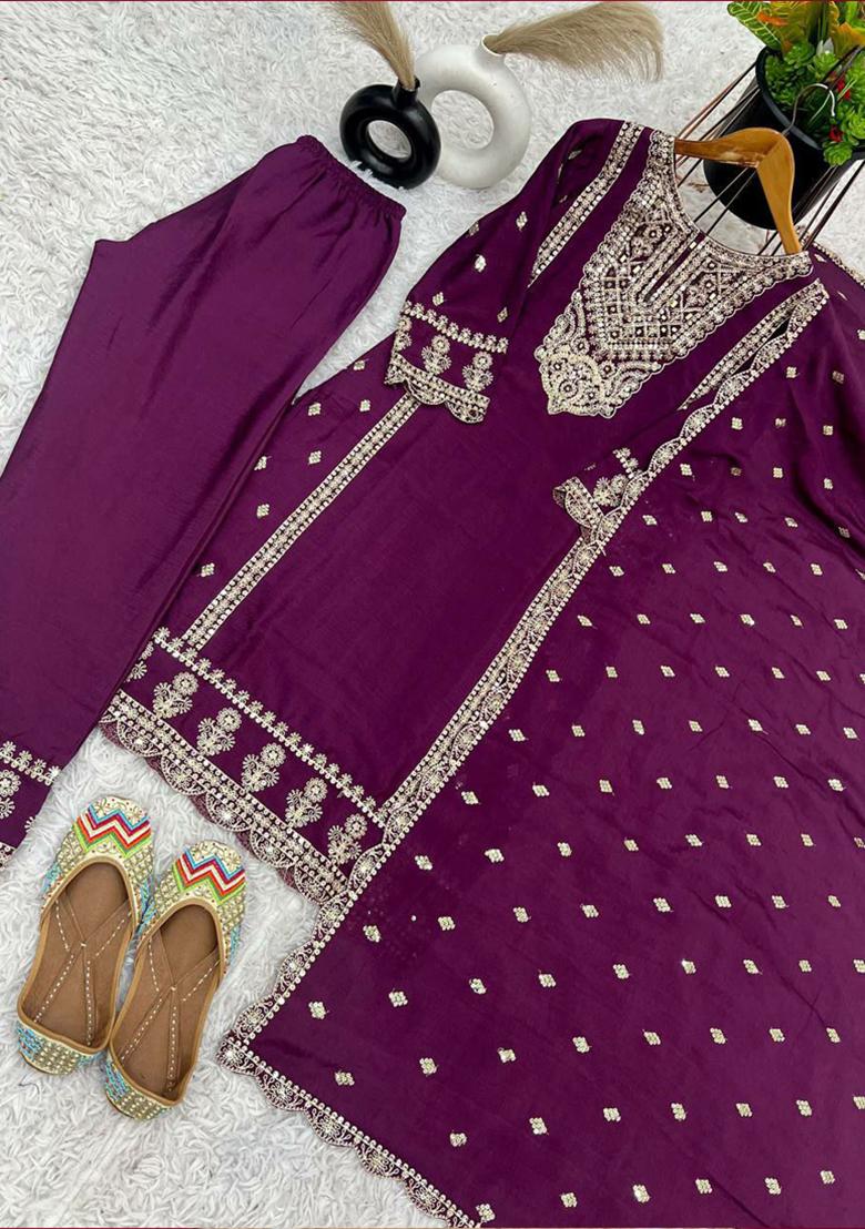 Wine Embroidered Silk Kurta Set