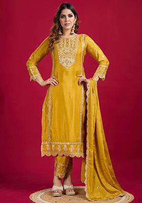 Yellow Embroidered Silk Kurta Set