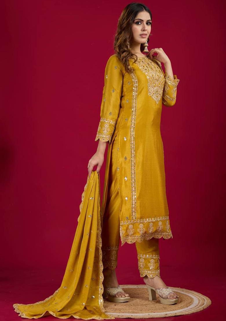 Yellow Embroidered Silk Kurta Set