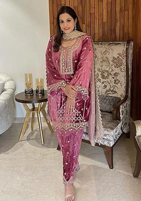 Pink Embroidered velvet Kurta Set