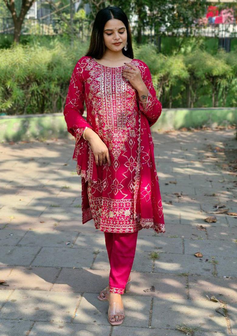 Rani Pink Embroidered Georgette Kurta Set